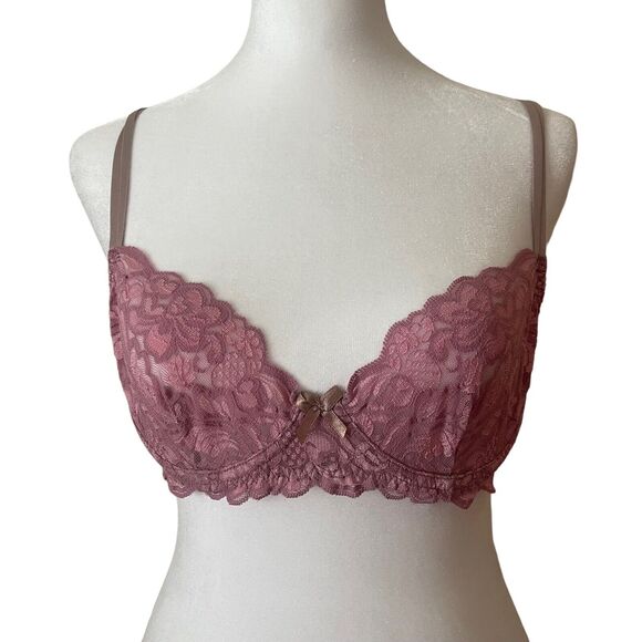 Frederick's of Hollywood 34B Lace Bra Mauve Pink Unlined Underwire Balconette - Picture 1 of 10
